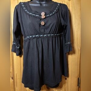 Black Long Sleeve Top with Blue Embroidery